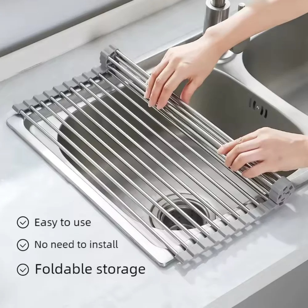 Kitchen Gadgets Holder - Rollable Foldable Stainless Steel Sink Drying